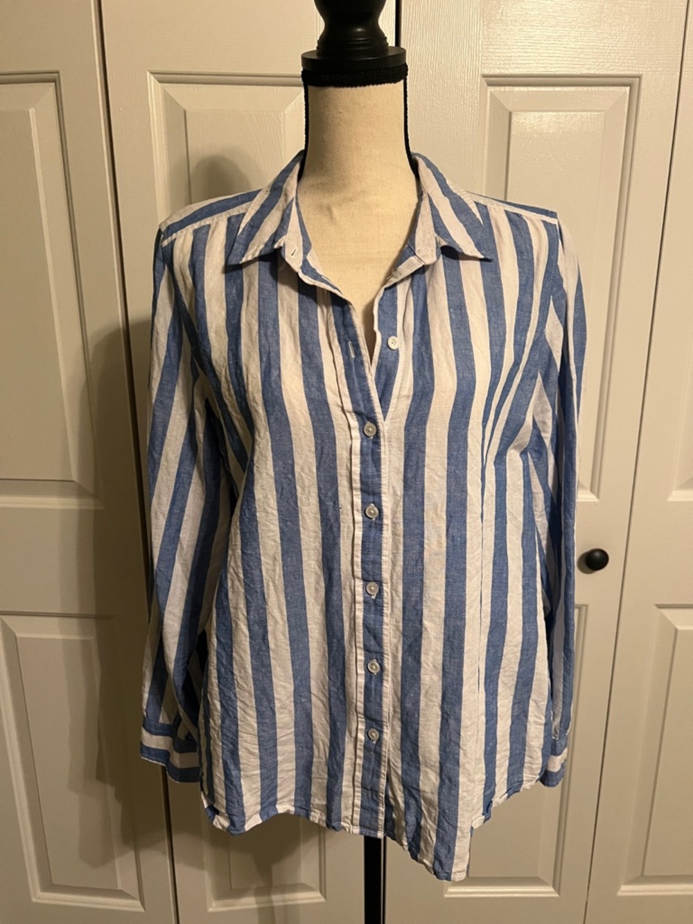 J. Crew Blue and White Striped Linen Button-Down, Size XL
